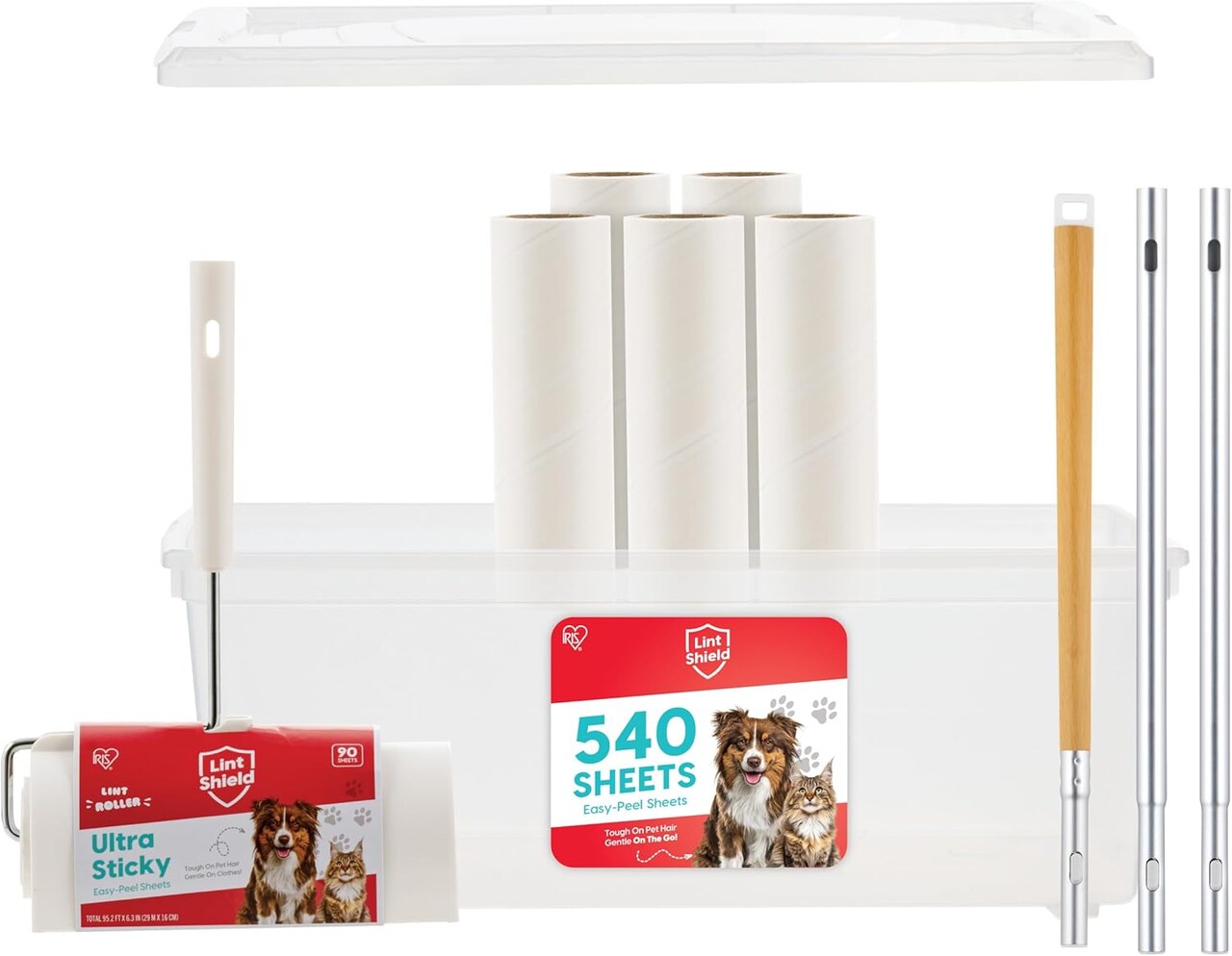 IRIS USA Extra Sticky Lint Roller, Floor Pack Comes with Storage Box, Refills, and Adjustable Wand, 90 Sheets/Roll, 540 Sheets Total
